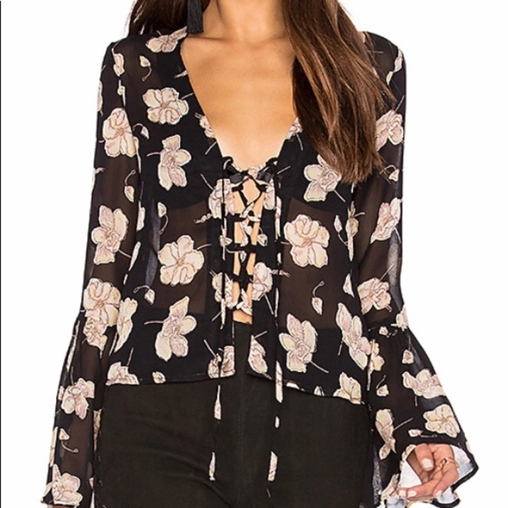 Flynn Skye Boston Top Sheer Onyx Tie Up with Flared Sleeves